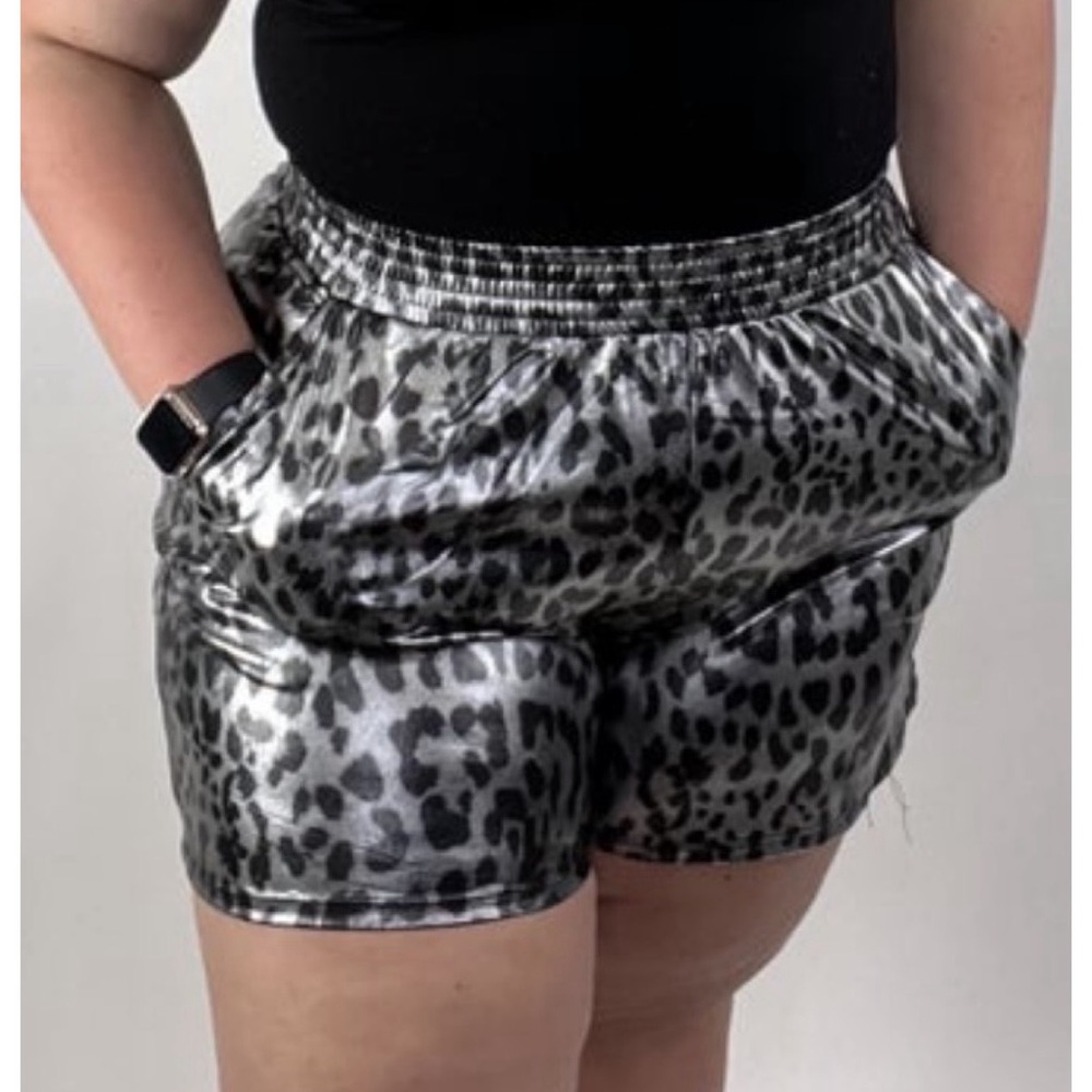 Cotton Bleu women's shiny metallic leopard print shorts with an elastic waist